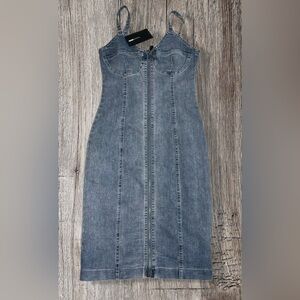 Fashion Nova NWT Blue Denim Body-con Dress Front Zipper Women’s S Spring 90s